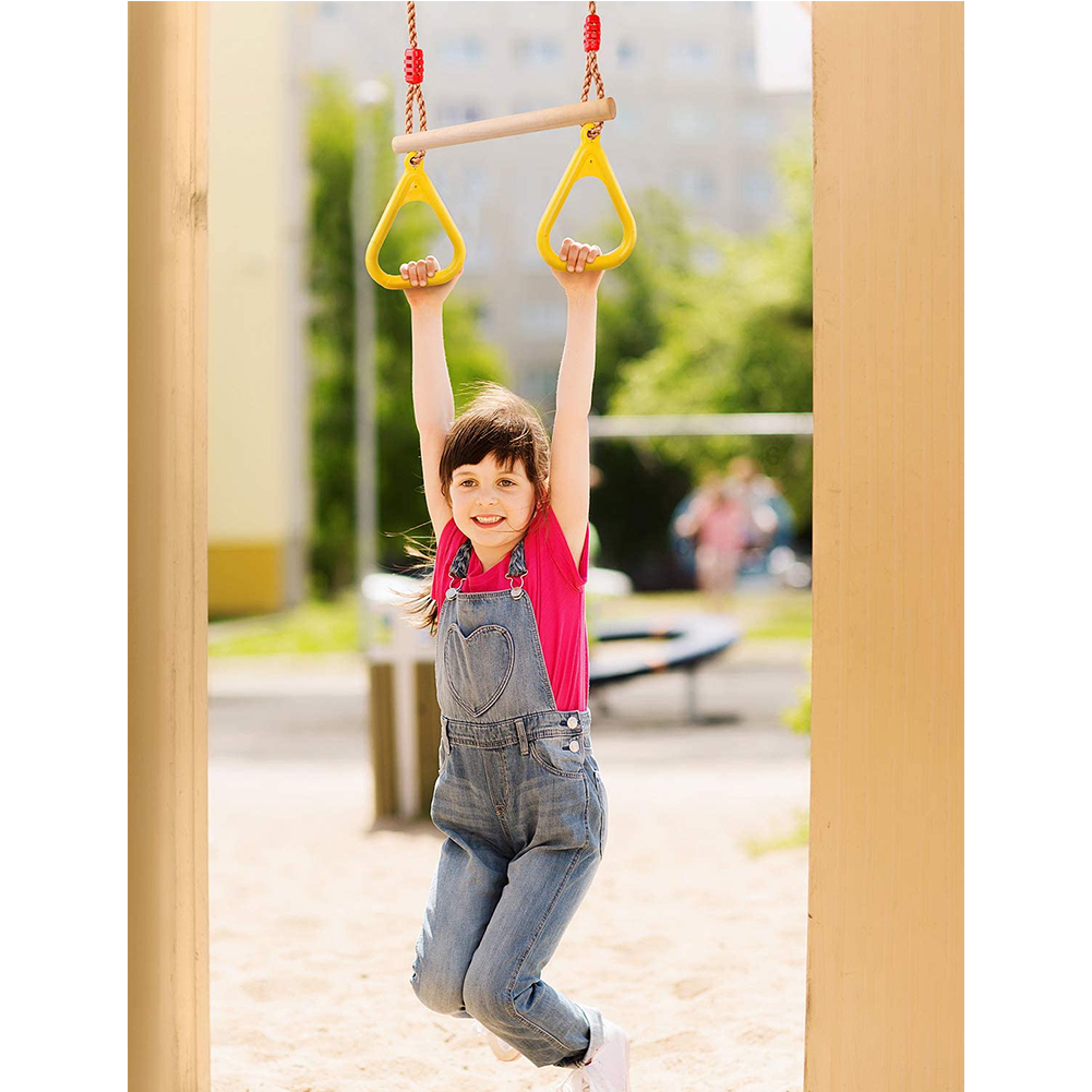 Green Children Trapeze Swing Bar with Rings Wooden Playset with Plastic Rings 