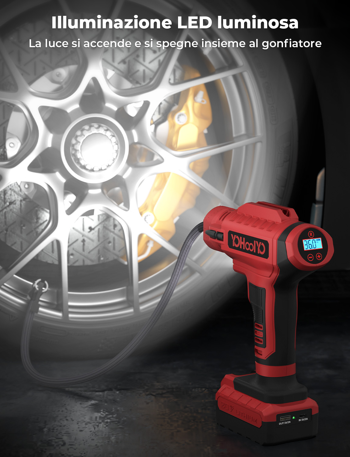 Woowind Compressore Aria Portatile Auto Premium, Gonfia Gomme Auto, Gonfiaggio in 1 Minuto, 150PSI/10,3Bar, Mini Compressore Portatile, Utilizzo Senza Fili o Con Cavo 12V, per SUV e Pickup